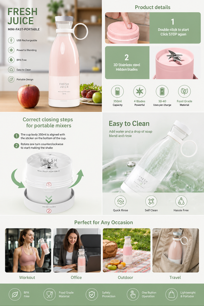 Fresh Juice Anywhere – Portable Power Blender(500 ml)